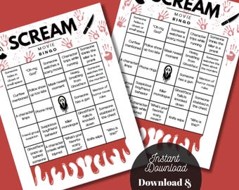 May include: Two "Scream" movie bingo cards on a red background. Each card has a black and white design with the word "Scream" at the top. The cards have bingo squares with phrases like "Knife wipe" and "Who is this?"