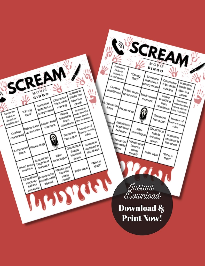 Scream Movie Bingo: 10 Printable Cards | Horror Movie Night Game ...