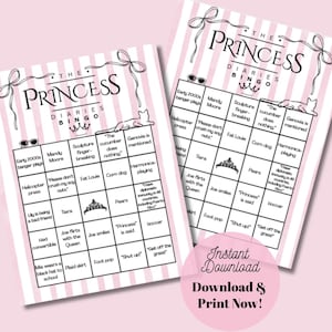 May include: Two pink and white striped Princess Diaries Bingo game cards. Each card has a grid of squares with phrases like "Early 2000s banger plays" and "Joe flirts with the Queen". The text "Instant Download Download & Print Now!" is also visible.