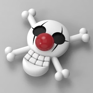 May include: A white skull with a red clown nose and black eyes, with a crossbones design. The skull is made of a smooth, white material.