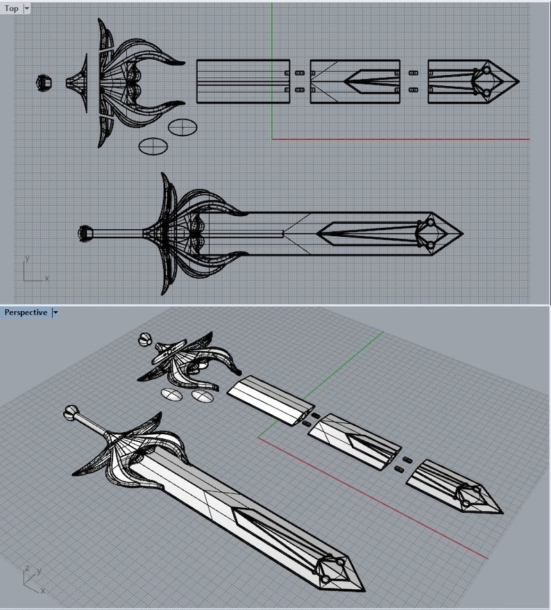 Puede incluir: Representaci&oacute;n 3D de un dise&ntilde;o de espada, mostrado desde m&uacute;ltiples &aacute;ngulos. La espada presenta una empu&ntilde;adura ornamentada con un pomo esf&eacute;rico y una hoja geom&eacute;trica. La imagen muestra la espada montada y desmontada.