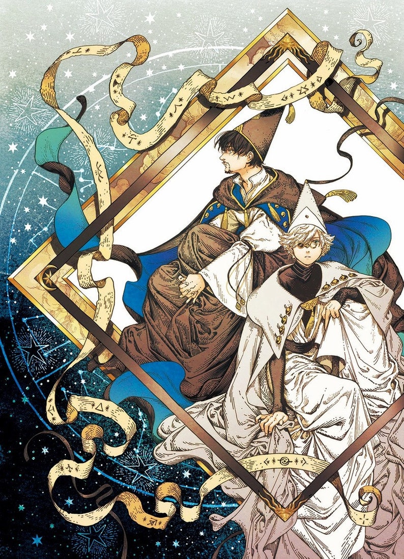 May include: Two men wearing elaborate hats and robes stand against a background of stars and swirling ribbons. The men are both looking at the viewer. The background is a dark blue with gold stars and white ribbons.