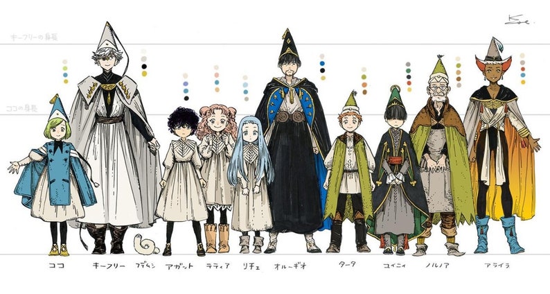 May include: Lineup of 10 cartoon characters wearing pointed hats and cloaks. The characters are standing in a row from left to right, with the tallest character on the left and the shortest character on the right. The characters are all wearing different colored cloaks and hats. The characters are all smiling. The text "ココ" is below the first character, "キーフリー" is below the second character, "ファイン" is below the third character, "アガット" is below the fourth character, "ラティア" is below the fifth character, "リチュ" is below the sixth character, "オルーギオ" is below the seventh character, "タータ" is below the eighth character, "ユイニィ" is below the ninth character, and "ノルノア" is below the tenth character.