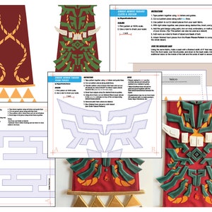 Puede incluir: Un patrón imprimible para una pieza de disfraz inspirada en Zelda. El patrón incluye instrucciones para crear una versión de tela o espuma del icónico Tabard de Armadura de Ember. El patrón presenta un esquema de color verde y rojo con detalles intrincados.