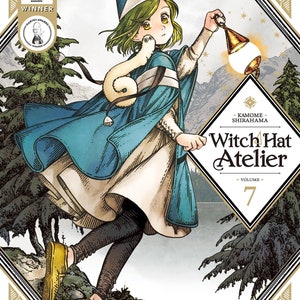 May include: A young witch with green hair and a blue pointed hat walks through a forest. She is wearing a blue robe and carrying a lantern. The text on the cover reads "Witch Hat Atelier, Volume 7".