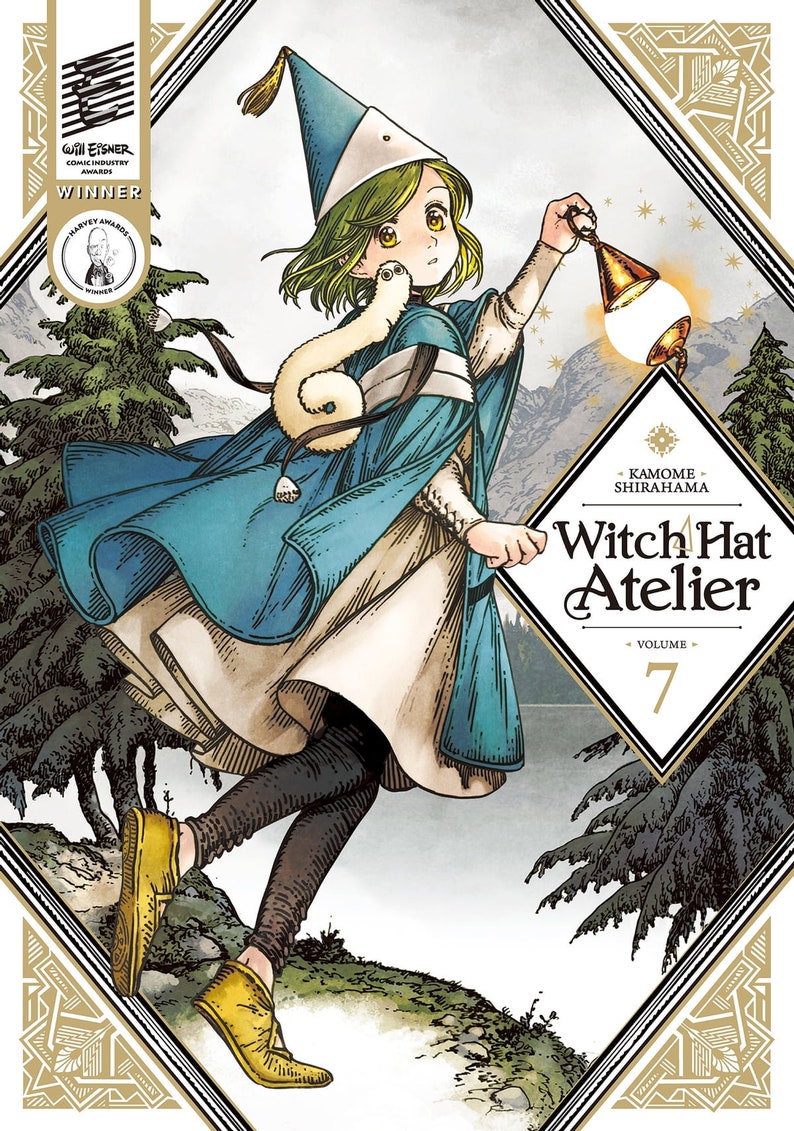 May include: A young witch with green hair and a blue pointed hat walks through a forest. She is wearing a blue robe and carrying a lantern. The text on the cover reads "Witch Hat Atelier, Volume 7".