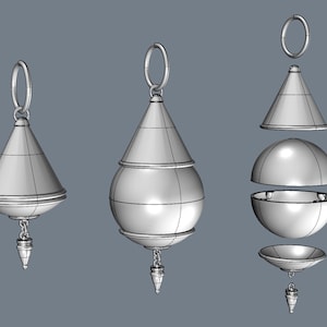 May include: A silver pendant with a teardrop shape, consisting of a cone, a sphere, and a smaller cone. The pendant is disassembled to show the individual parts.