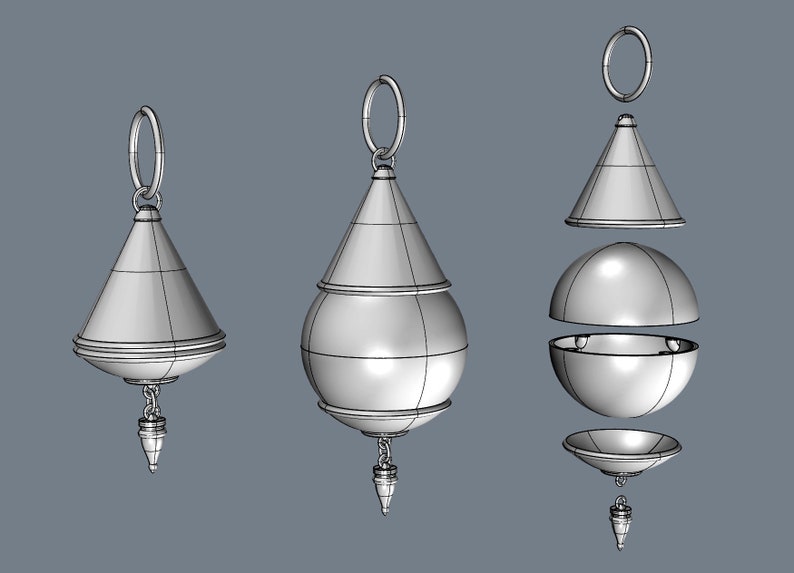 May include: A silver pendant with a teardrop shape, consisting of a cone, a sphere, and a smaller cone. The pendant is disassembled to show the individual parts.