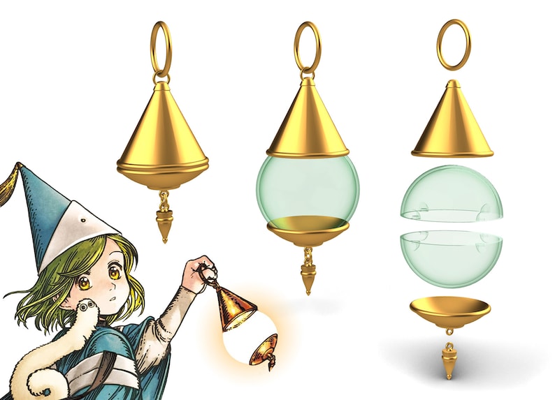 May include: A gold-colored pendant with a clear glass sphere. The pendant is in three parts: the top, the sphere, and the bottom. The top is a cone-shaped piece with a ring at the top. The sphere is a clear glass ball. The bottom is a small, cone-shaped piece with a point at the bottom.