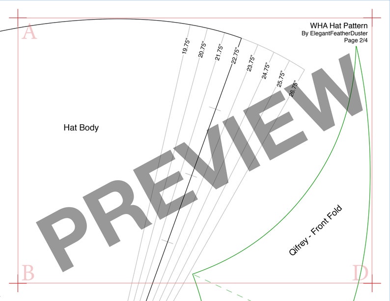 May include: A black and white sewing pattern for a hat. The pattern includes lines for cutting and instructions for sewing. The pattern is labeled "WHA Hat Pattern" and "Page 2/4".