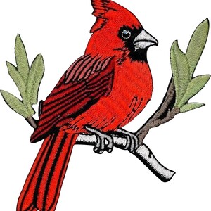 May include: Embroidered patch featuring a vibrant red cardinal bird perched on a brown branch with green leaves. The bird has black accents and is detailed with intricate stitching, perfect for adding to clothing or accessories.