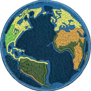 May include: Embroidered patch featuring a detailed map of Earth. The continents are rendered in shades of green, yellow, and brown against a deep blue ocean. The patch has a blue border and is circular in shape.