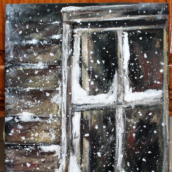 Snow Window Original Painting on 11" x 14" canvas board, snow painting art, Christmas Winter scene art, Original Acrylic art canvas