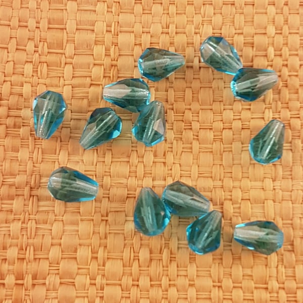 Clear Teal Blue Teardrop Brazilian made faceted crystal glass beads 10x8mm for your art or jewelry projects (PHG1014)- 10 beads