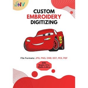 May include: Custom embroidery digitizing service featuring a red race car graphic with the number 95. Text includes CUSTOM EMBROIDERY DIGITIZING, file formats JPG, PNG, EMB, DST, PES, PDF, and dimensions of Height: 1.9 in and Width: 3.40 in.