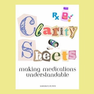 Puede incluir: Gráfico con las palabras "Clarity Sheets" en estilo collage, con un frasco de medicamentos y pastillas. El texto "making medications understandable" está debajo del título. El fondo es amarillo claro.
