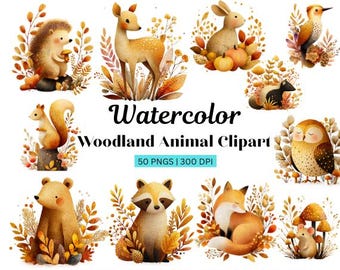 Watercolor Autumn Woodland Animal Clipart, 50 PNGs (Digital Download)