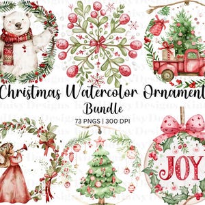 Akvarell julgransprydnad PNG-paket | Handmålad semesterclipart | Festlig digital nedladdning