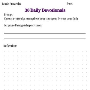 May include: A white devotional journal with the title "30 Daily Devotionals" in purple. The journal includes prompts for scripture passages, reflections, and prayers. The book is from Proverbs.