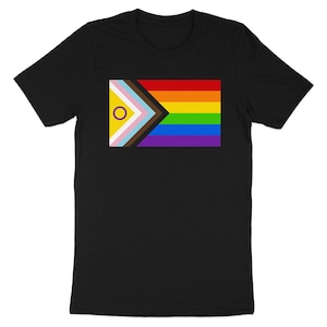 Puede incluir: Camiseta negra con un diseño de bandera colorida. La bandera incluye un arcoíris, un triángulo con rayas celeste, rosa y marrón, y un círculo amarillo con un círculo marrón en su interior. La camiseta es de un material suave.