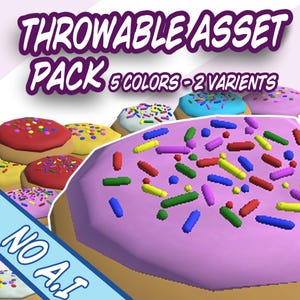 May include: A digital asset pack featuring multiple 3D-style donut models with various colored frostings and sprinkles. The text reads THROWABLE ASSET PACK 5 COLORS - 2 VARIENTS and NO A.I. The donuts are rendered in red, yellow, blue, pink, and white.