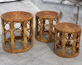 Vintage Wicker Bamboo Rattan Set of Three Cylindrical Nesting Side Tables