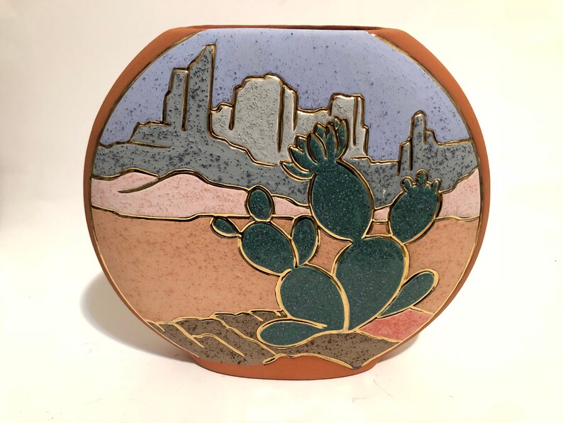 80/'s Vintage Cactus Pottery Round Pot Boho Decor Desert Scene Bohemian Style Southwestern Design
