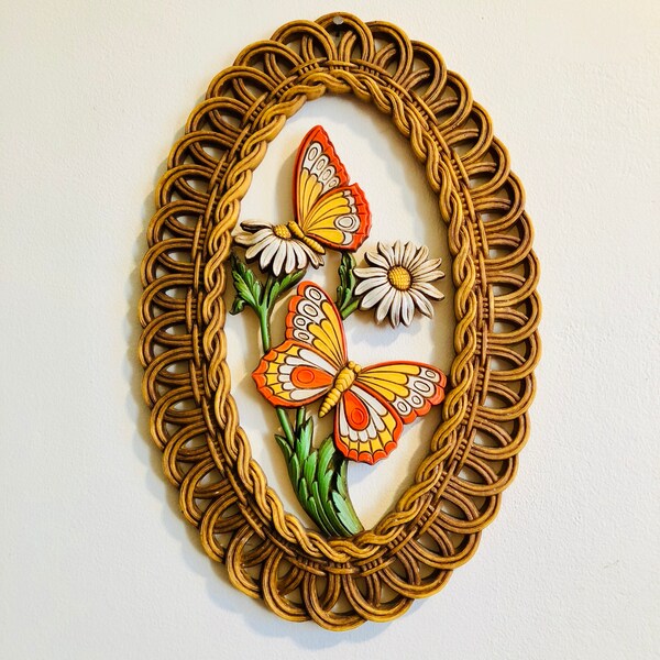 60s Vintage Dart Flowers and Butterflies, Oval Wicker Design Wall Decor, Wall Art, Mid-Century,