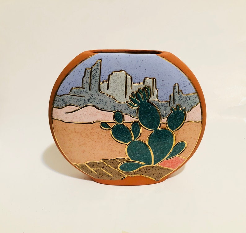 80/'s Vintage Cactus Pottery Round Pot Boho Decor Desert Scene Bohemian Style Southwestern Design