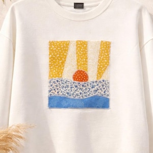 Patchwork Sunset Sweatshirt | Handmade Appliqué Crewneck | Coastal Beach Sweatshirt | Cozy Summer Sweatshirt Size XL