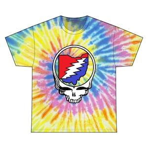 May include: A tie-dye t-shirt with a spiral pattern in yellow, blue, pink, and orange. The shirt features a graphic of a skull with a red, white, and blue Ohio outline and lightning bolt design.