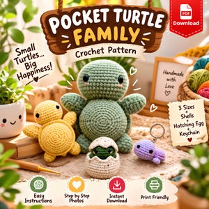 May include: A digital crochet pattern titled Pocket Turtle Family featuring a large sage green turtle, a small yellow turtle, a dark green turtle in a speckled egg, and a purple turtle keychain. The text includes Small Turtles Big Happiness, 3 Sizes, Shells, Hatching Egg, and Keychain.