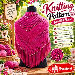 May include: A vibrant fuchsia knitted shawl featuring a triangular shape, intricate openwork patterns, and small white beads integrated into the design. The shawl is finished with long, matching fuchsia fringe along the bottom edge.