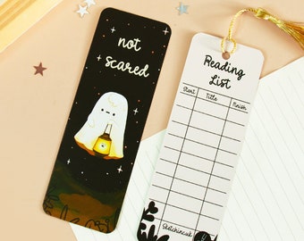 Halloween Bookmark Ghost and Firefly illustrated - cute Gift for Reader -  bookmark with tassel and reading list