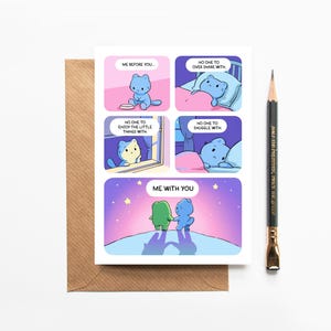 Jolie carte chat et grenouille - pour petit ami petite amie femme mari - bande dessinée Luna and Bean