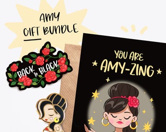 Amy Winehouse Geschenk Bundle - Emaille Pin, Aufkleber und Grußkarte - Geschenk Geburtstag