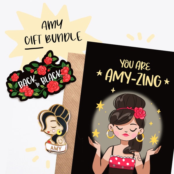 Amy Winehouse Gift Bundle - Épingle en émail, autocollant et carte de vœux - Cadeau d’anniversaire