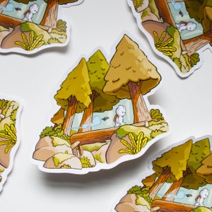 Sticker promenade en forêt confortable - Sticker Foo Bun, joli paysage de camping
