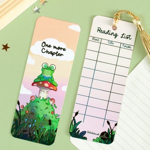 Frog and Mushroom illustrated Bookmark - cute Gift for Reader -  bookmark with tassel and reading list