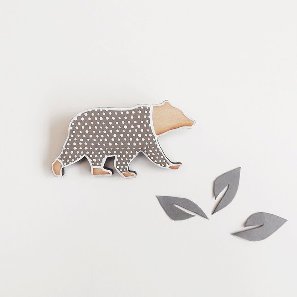 Bear Brooch - Eco Friendly Grey and White