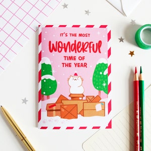 Funny Cat Christmas Card: Pink Snowy Landscape