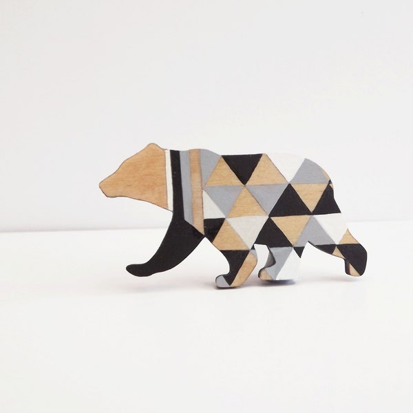 Geometric Black Bear Brooch - Harlequin Wooden Bear Pin