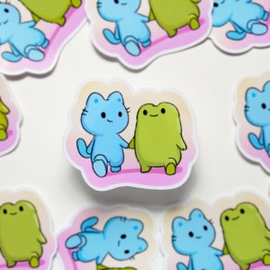 Sticker amitié chat et grenouille - Sticker bande dessinée mignon Foo Bun