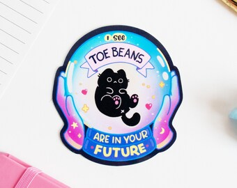 Black Cat Crystal Ball Sticker - Halloween Fortune Teller Die Cut sticker - Spooky sticker - witches Cat - Toe beans