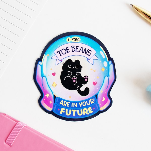 Black Cat Crystal Ball Sticker - Halloween Fortune Teller Die Cut sticker - Spooky sticker - witches Cat - Toe beans