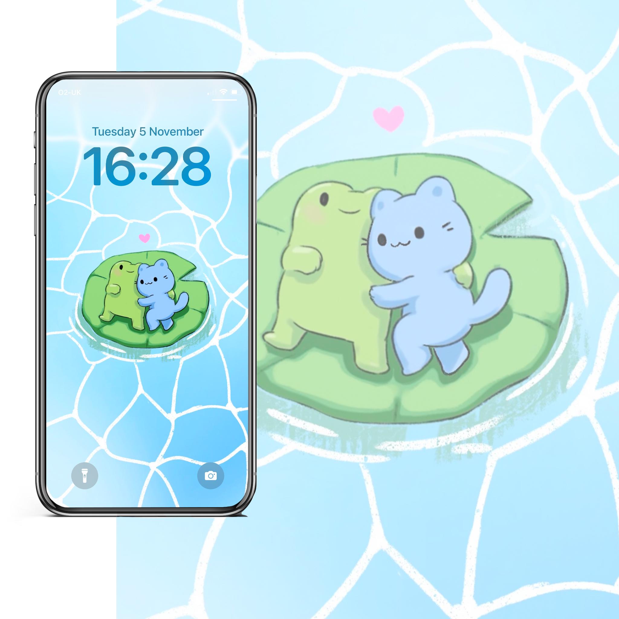 Cute Lily pad digital wallpaper for phone - Frog Cat snuggle