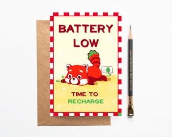 Red Panda Affirmation Card - Battery Low Recharge - Wellbeing - Mental Health - Friendship Card