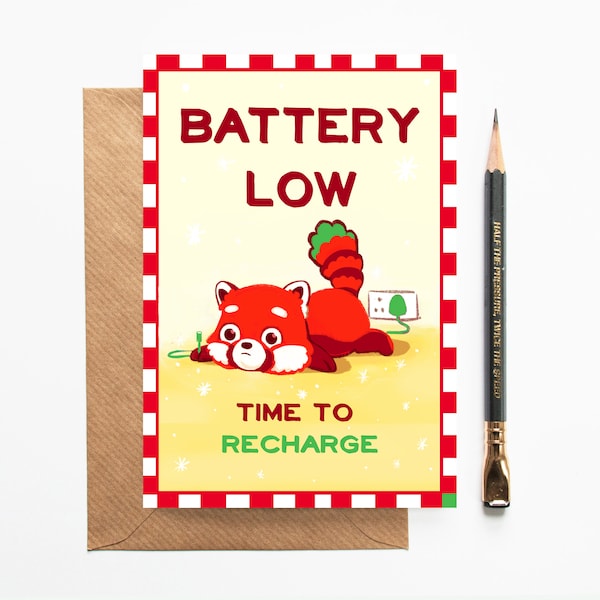 Red Panda Affirmation Card - Battery Low Recharge - Wellbeing - Mental Health - Friendship Card