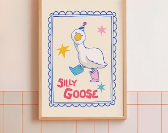 Silly Goose-print: retro muurkunst, eigenzinnige print, kinderkamer, trendy