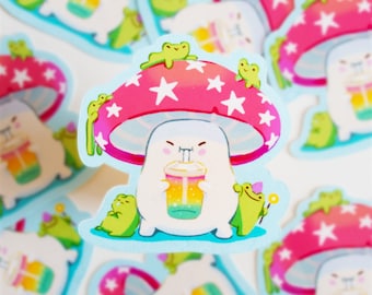 Mushroom and Frog Die Cut Sticker: Magical Rainbow Juice